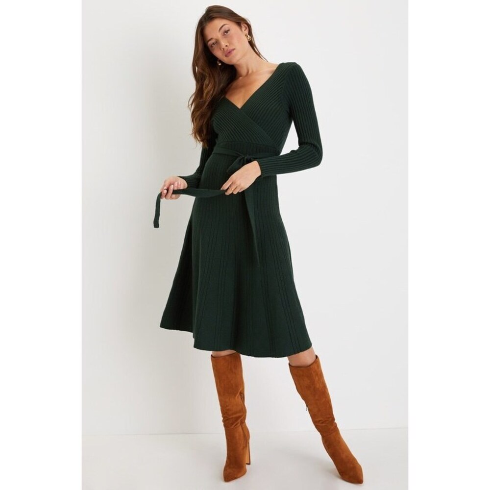 Lulus Warm Emotions Emerald Green Skater Midi Sweater Dress - Size M